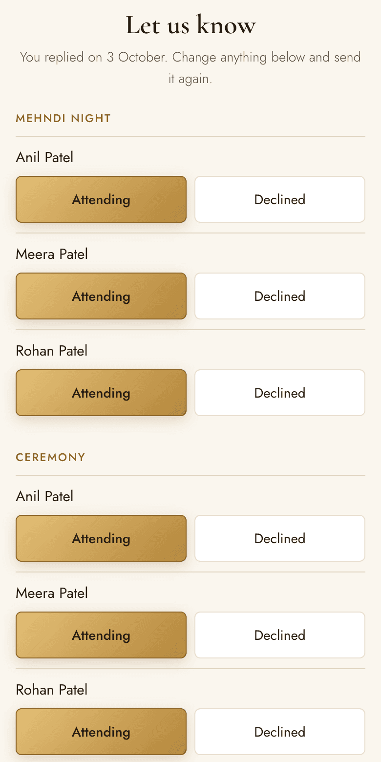 An invitation on a phone: under Let us know, each person in the household, Anil, Meera and Rohan Patel, picks Attending or Declined for the Mehndi night and for the ceremony.
